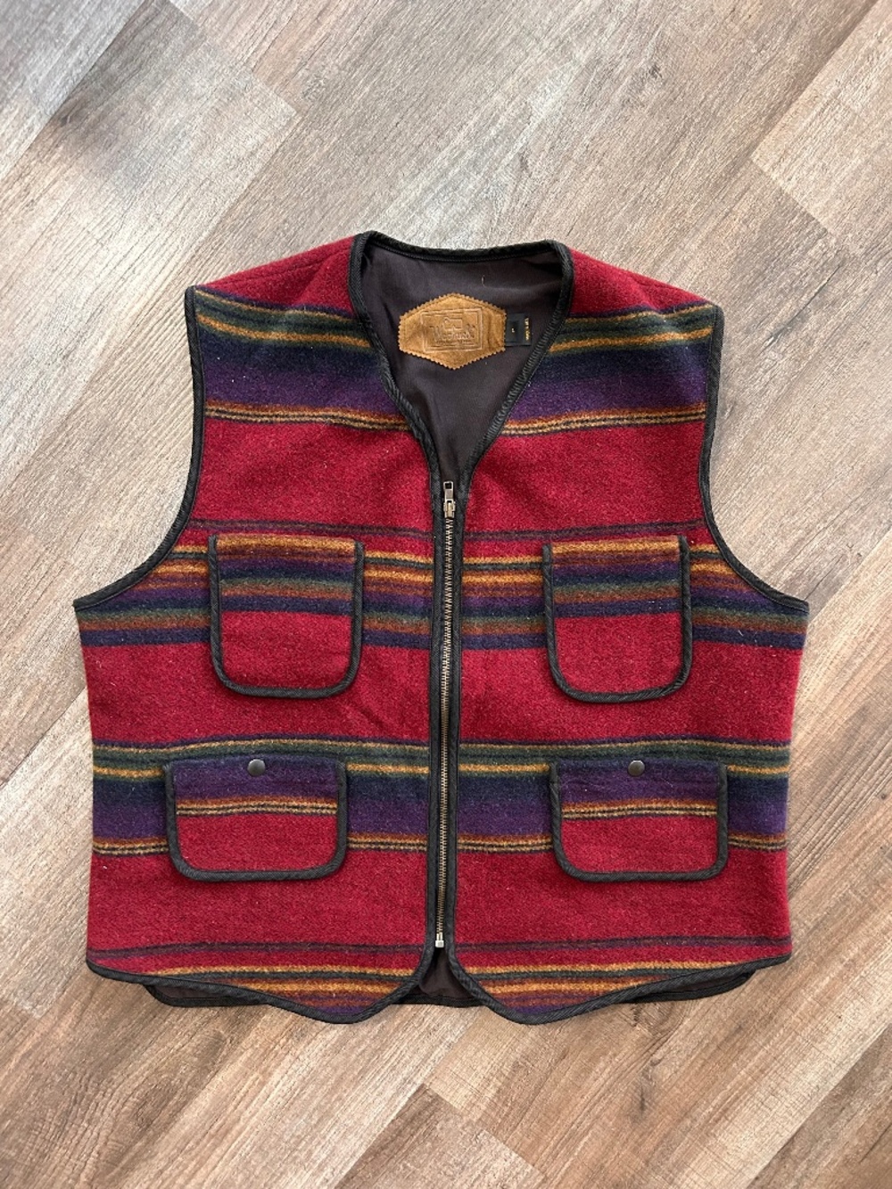 Woolrich made USA red blue stripe equestrian saddle blanket vest Large